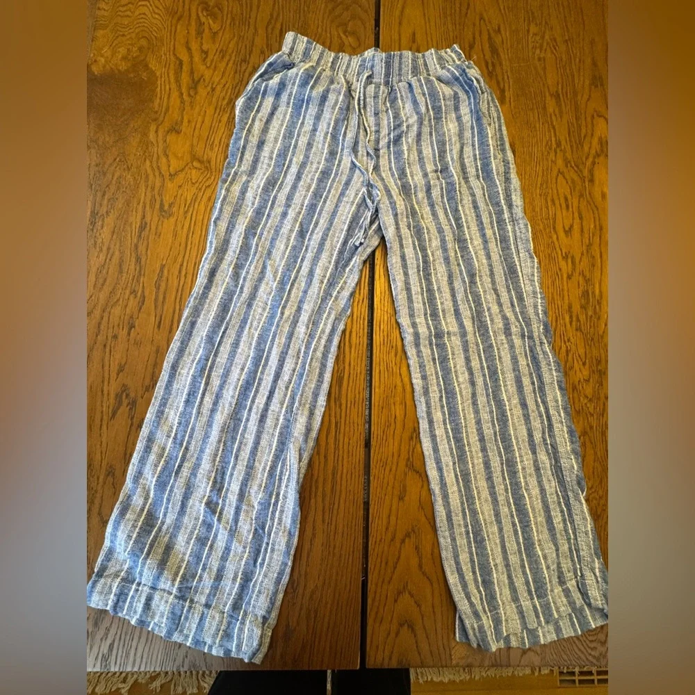 Briggs Linen Blend Light Blue‎ Striped Wide Leg Pants Beach Resortwear
